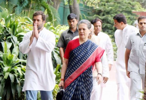 Congress president Sonia Gandhi and vice president Rahul Gandhi arrive to attend a party meeting in New Delhi, on June 9, 2015.