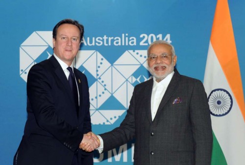 The Prime Minister, Shri Narendra Modi meeting the Prime Minister of United Kingdom, Mr. David Cameron, in Brisbane, Australia on November 14, 2014.