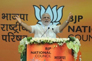 Prime Minister Narendra Modi addressing at the BJP National Council meeting in New Delhi on Aug 9, 2014. (Photo: IANS)