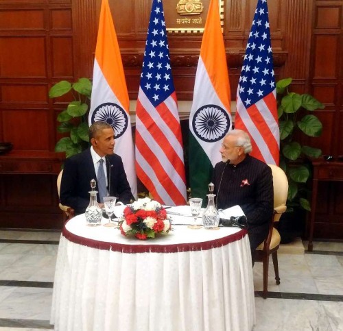  Prime Minister, Narendra Modi and the US President, Barack Obama recording the special Radio address of "Mann ki Baat", in New Delhi on Jan. 27, 2015. 