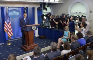 U.S. President Barack Obama speaks about situation in Iraq at the briefing room of the White House in Washington D.C., the United States. The United States is prepared to send up to 300 military advisers to Iraq to train, advise and support Iraqi forces in their fight against insurgency, U.S. President Barack Obama said 