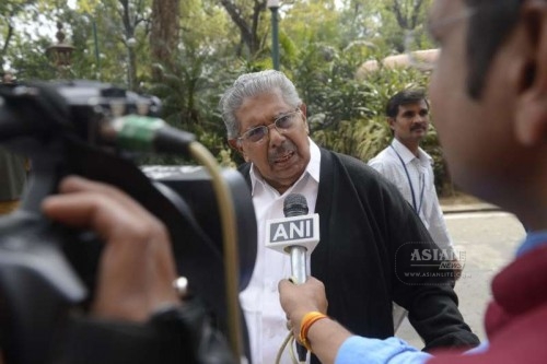 Congress leader Vayalar Ravi talks to press at the Parliament in New Delhi