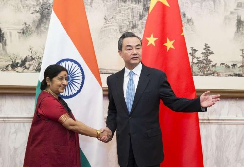  Chinese Foreign Minister Wang Yi meets with his Indian counterpart Sushma Swaraj in Beijing, China, Feb. 1, 2015. 