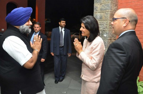 Punjab Deputy Chief Minister Sukhbir Singh Badal meets South Carolina (United States) Governor Nikki Haley in Chandigarh on Nov 14, 2014. 