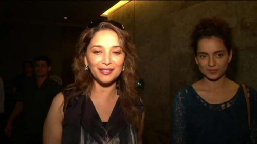 Actresses Madhuri Dixit and Kangana Ranaut during a special screening of the film `Tanu Weds Manu Returns` in Mumbai. 