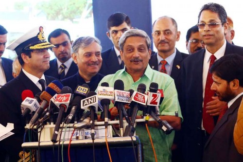 Union Minister for Defence Manohar Parrikar addresses press at the inauguration of the National Command Control Communication and Intelligence (NC3I) network at at the Information Management and Analysis Centre (IMAC) in Gurgaon on Nov 23, 2014. Also seen Union MoS Defence Rao Inderjit Singh and the Chief of Naval Staff, Admiral R.K. Dhowan. 