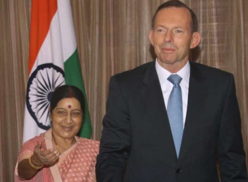 External Affairs Minister Sushma Swaraj with Australian Prime Minister Tony Abbott during a meeting in New Delhi 