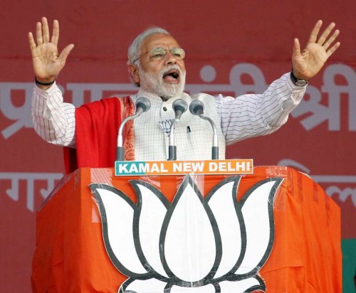 Prime Minister Narendra Modi addresses during a rally in Delhi Assembly Election in New Delhi on Feb. 4, 2015. 