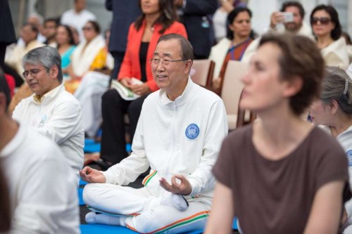 Ban Ki-moon, Secretary General of United Nations, joins hundreds in performing Yoga at the UN headquarters, New York, the United States, on the first International day of Yoga, June 21, 2015. 