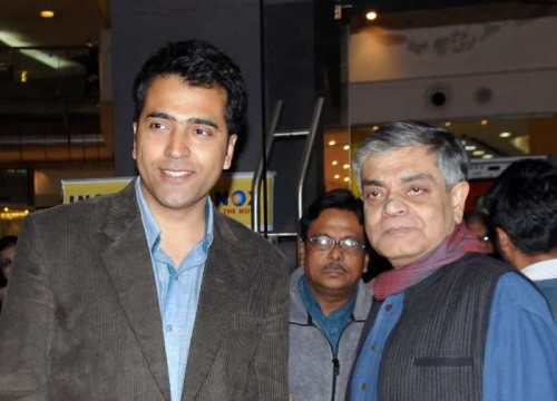 Actor Abir Chatterjee with filmmaker Sandip Roy during the premiere of Bengali film `Badshahi Angti` in Kolkata