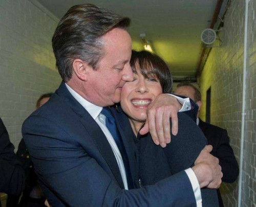 Prime minister David Cameron has a Obama moment with his wife Samantha after the results