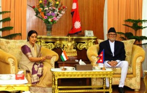 India's Minister for External Affairs Sushma Swaraj meets with Nepalese Prime Minister Sushil Koirala during her visit for the 3rd Nepal-India Joint Commission meeting in Kathmandu. 