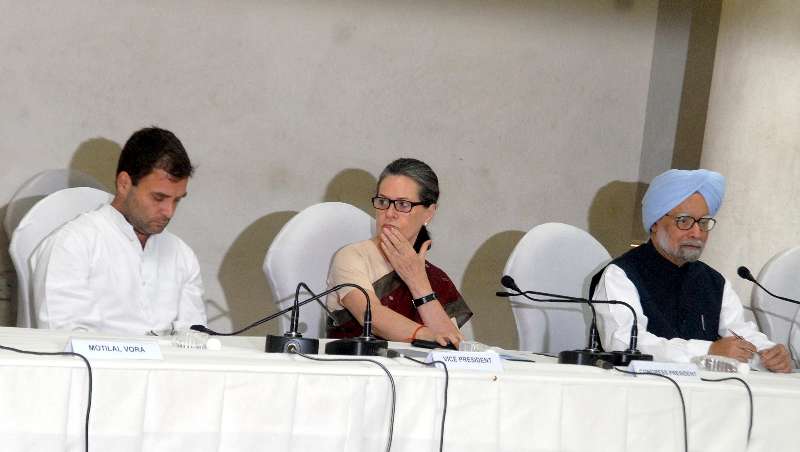 Congress chief Sonia Gandhi, party vice-president Rahul Gandhi and former Prime Minister Manmohan Singh during Congress Working Committee (CWC) meeting at Congress headquarter in New Delhi