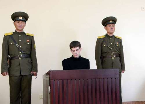  The photo  shows U.S. citizen Matthew Todd Miller  sits in a witness box during his trial at the Supreme Court in Pyongyang, capital of the Democratic People's Republic of Korea. American tourist Miller Matthew Todd who was held in DPRK for "anti-DPRK acts" was found guilty and sentenced to six years of hard labor, the official KCNA news agency reported on Sunday.