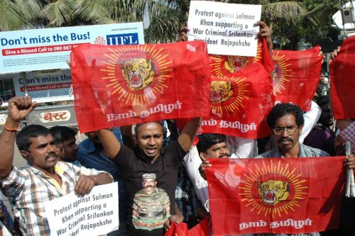 Tamil activists stage protest against Salman Khan in front of his residence for supporting Sri Lankan president Mahinda Rajapaksa in Mumbai, on Jan 4, 2015