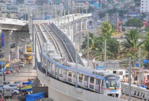 A metro train runs for the first time between Nagole Depot and Survey of India Station to test alignment, tracks, signalling and communication on the route in Hyderabad on Aug 8, 2014. (Photo: IANS)