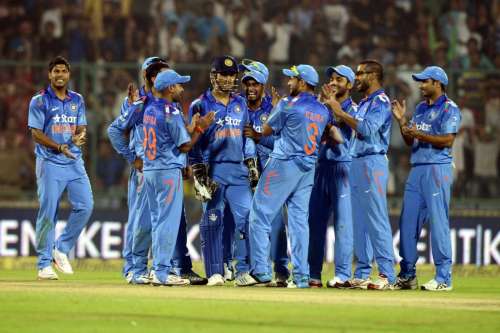 Indian players celebrating the wicket of a West Indies player during 2nd ODI of the Micromax International Cricket Series against West Indies at Feroz Shah Kotla in New Delhi 