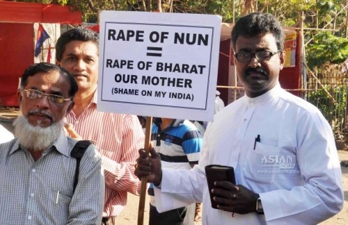 Christians stage a demonstration against the recent gang-rape of a nun in Ranaghat of West Bengal`s Nadia district; at Azad Maidan in Mumbai on March 18, 2015. 