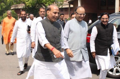 Union Finance Minister Arun Jaitley with Union Home Minister Rajnath Singh at Parliament House 