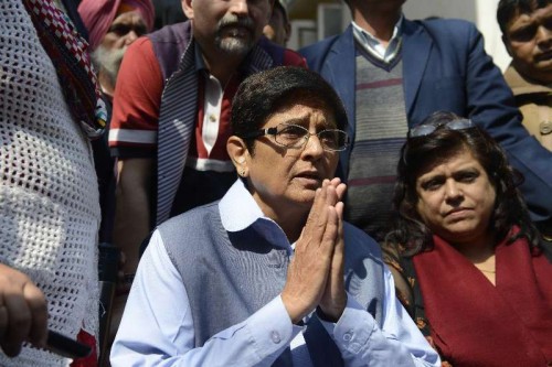 BJP leader Kiran Bedi addresses press at her residence in New Delhi on Feb 9, 2015. 