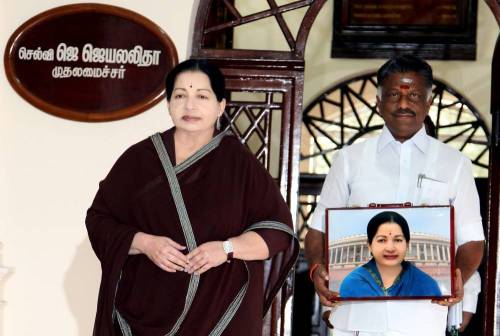 Tamil Nadu Chief Minister J jayalalithaa and Tamil Nadu Finance Minister O Panneerselvam at Tamil Nadu Secretariat before presenting the state budget for 2014-15 in Chennai on Feb.13, 2014. (Photo: IANS)