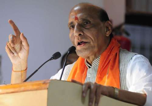 Union Home Minister Rajnath Singh addresses during a BJP programme in Lucknow on Sept. 29, 2014. (Photo: IANS)