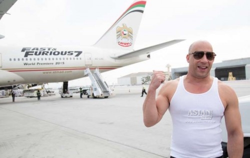 Vin Diesel welcomes Etihad Airways Flight 171 as it arrives at LAX from Abu Dhabi on the afternoon of March 18.  The Fast & Furious 777 airliner's arrival kicks off the global junke