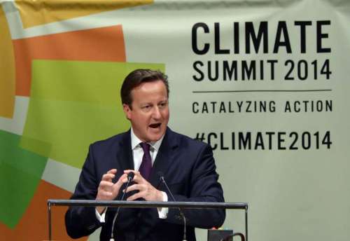  British Prime Minister David Cameron speaks during the Climate Summit at the UN headquarters in New York, on Sept. 23, 2014. The one-day summit, convened by UN Secretary-General Ban Ki-moon, is expected to galvanize global action on climate change.