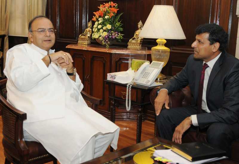 Union Finance Minister Arun Jaitley with Reserve Bank Governor Raghuram Rajan in New Delhi