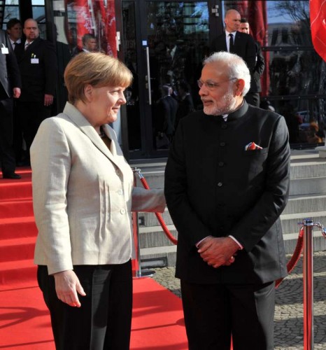 Prime Minister Narendra Modi with German Chancellor Dr. Angela Merkel at Hannover Congress Centre for the Inaugural Ceremony of the Hannvoer Messe in Germany on April 12, 2015.