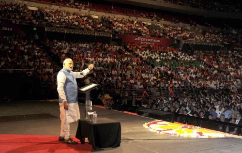 Sydney: Prime Minister, Narendra Modi addresses a gathering at the Community Reception, held at Allphones Arena, in Sydney, Australia on Nov 17, 2014.