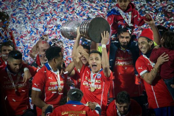 Players of Chile celebrate after the final match of the Copa America Chile 2015 against Argentina, at the National Stadium, in Santiago, capital of Chile, on July 4, 2015. Chile won the final match of the Copa America 2015 against Argentina after the penalty kick 4-1