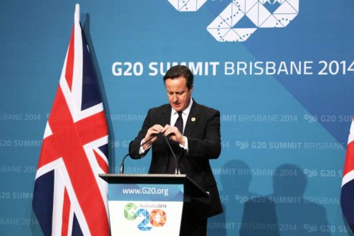 British Prime Minister David Cameron speaks at the press conference after the G20 Summit meeting on Nov. 16, 2014, in Brisbane