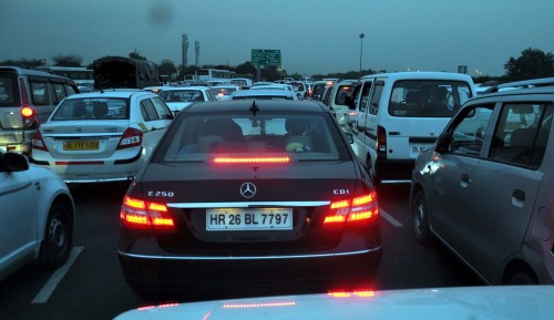 A view of a traffic jam on a day of transport strike  on National Highway-8 in Gurgaon,.