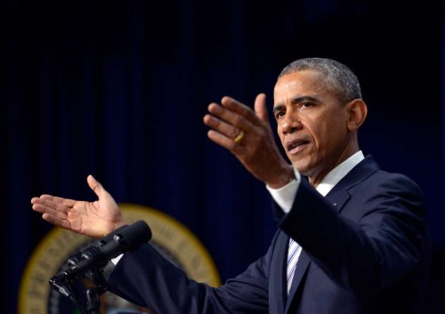 U.S. President Barack Obama speaks during keynote remarks of the White House Summit on countering violent extremism at the South Court Auditorium of the Eisenhower Executive Office Building, next to the White House, in Washington D.C., the United States, Feb. 18, 2015. Obama said on Wednesday that the fight against violent extremism did not mean it was a fight against Islam and the world should resist granting religious legitimacy to terrorist groups.