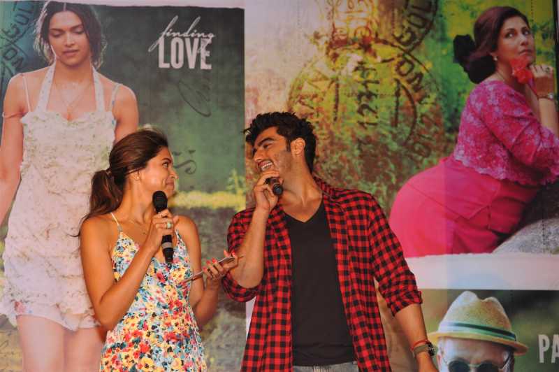 Actors Deepika Padukone and Arjun Kapoor during the song launch of film Finding Fanny in Mumbai.