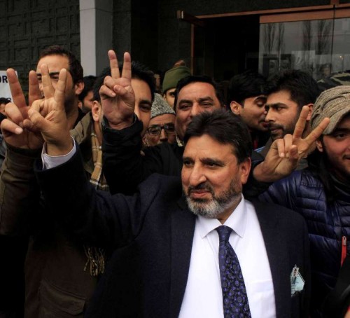 Peoples Democratic Party (PDP) leader Altaf Bukhari during a rally organised after he was declared victorious from Amira Kadal constituency in the recently held Jammu and Kashmir assembly polls, in Srinagar on Dec 23, 2014. 