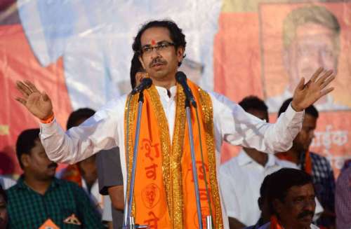 Shiv Sena Chief Uddhav Thackeray addresses a rally at Malvan in Sindhudurg district of Maharashtra on Oct.8, 2014. (Photo: IANS)