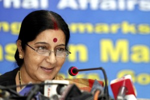 External Affairs Minister Sushma Swaraj addresses during a programme in Dhaka, Bangladesh on June 26, 2014. (Photo: bdnews24/IANS)