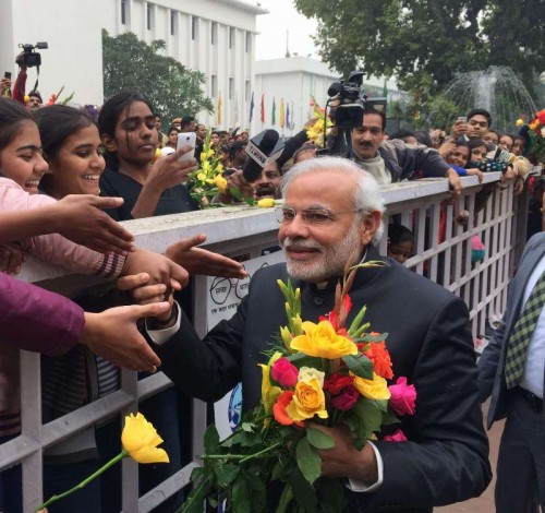 New Delhi: Prime Minister Narendra Modi interacts with people on New Year's Day, in New Delhi on Jan 1, 2015. (Photo: IANS/PIB)