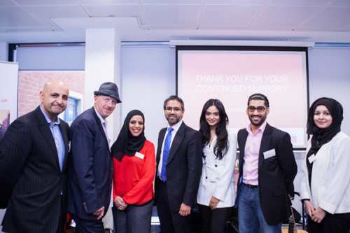 Aaqil Ahmed (Head of Commissioning - Religion TV and Head of Religion and Ethics at the BBC); Tom Bloxham MBE (urban Splash); Nafisa Hakim(Mosaic NW Regional Manager); Wakkas Khan (Mosaic NW Regional Chairman); Afshan Azad; Zeb Farooq (Highly Commended mentor); Amsha Aslam (Mosaic NW Mentor of the Year) 