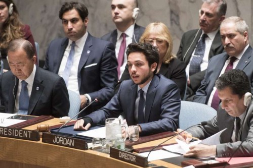 Crown Prince Al Hussein Bin Abdullah II of Jordan (front centre), presides over the Security Council's open debate on the theme "The role of youth in countering violent extremism and promoting peace". He is flanked by Secretary-General Ban Ki-moon (left) and Movses Abelian, Director of the Security Council Affairs Division. Twenty-year-old Abdullah is the youngest person to preside over a session of the Security Council.