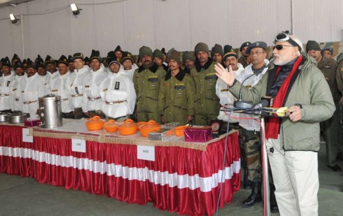 The Prime Minister, Shri Narendra Modi addressing the Officers and Jawans of the Indian Armed Forces, at Siachen Base Camp, during his surprise visit to Siachen on October 23, 2014.