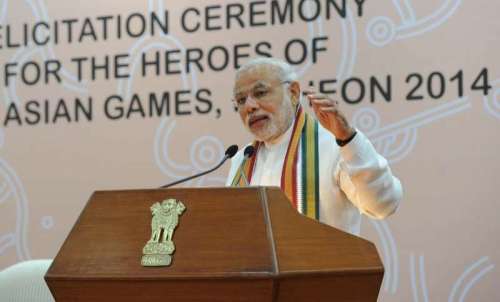 The Prime Minister, Shri Narendra Modi delivering his address at the Felicitation Ceremony of medal winners of the 17th Asian Games, Incheon 2014, in New Delhi 