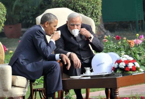 President Obama and Prime Minister Modi having tea in the gardens of the Hyderabad house in New Delhi.