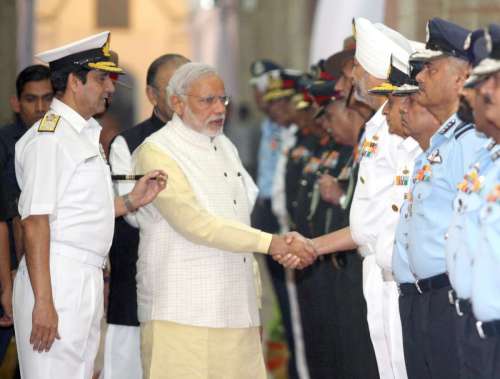 The Prime Minister, Shri Narendra Modi being introduced to the top Commanders of the Navy, during Combined Commanders’ Conference, in New Delhi 