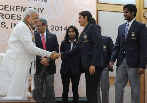 The Prime Minister, Shri Narendra Modi meeting the medal winners of the 17th Asian Games, Incheon 2014, in New Delhi on October 14, 2014.