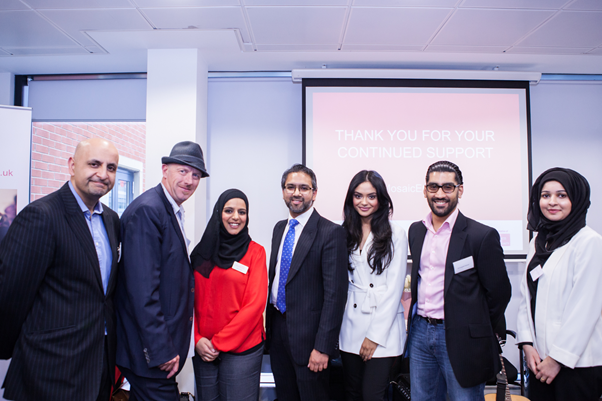 L to R:  Aaqil Ahmed (Head of Commissioning - Religion TV and Head of Religion and Ethics at the BBC); Tom Bloxham MBE (urban Splash); Nafisa Hakim(Mosaic NW Regional Manager); Wakkas Khan (Mosaic NW Regional Chairman); Afshan Azad; Zeb Farooq (Highly Commended mentor); Amsha Aslam (Mosaic NW Mentor of the Year) 