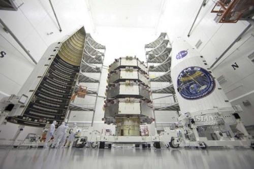  NASA's Magnetospheric Multiscale (MMS) observatories are shown here in the clean room being processed for launch March 12.