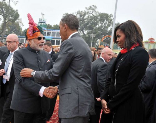 The Prime Minister, Shri Narendra Modi with the US President, Mr. Barack Obama and the First Lady Michelle Obama on the Raj Path, at the 66th Republic Day Parade 2015, in New Delhi on January 26, 2015.